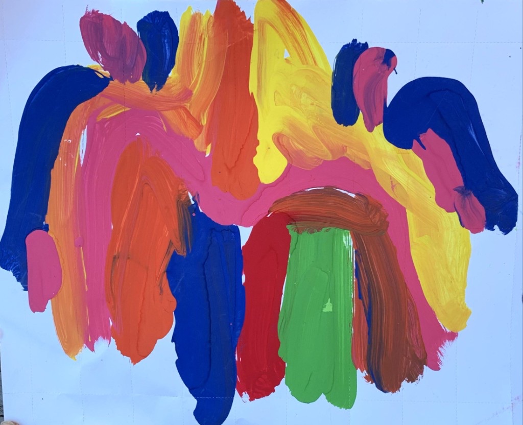 River, Huddled Figures (symphony of color) — acrylic on paper, San Francisco