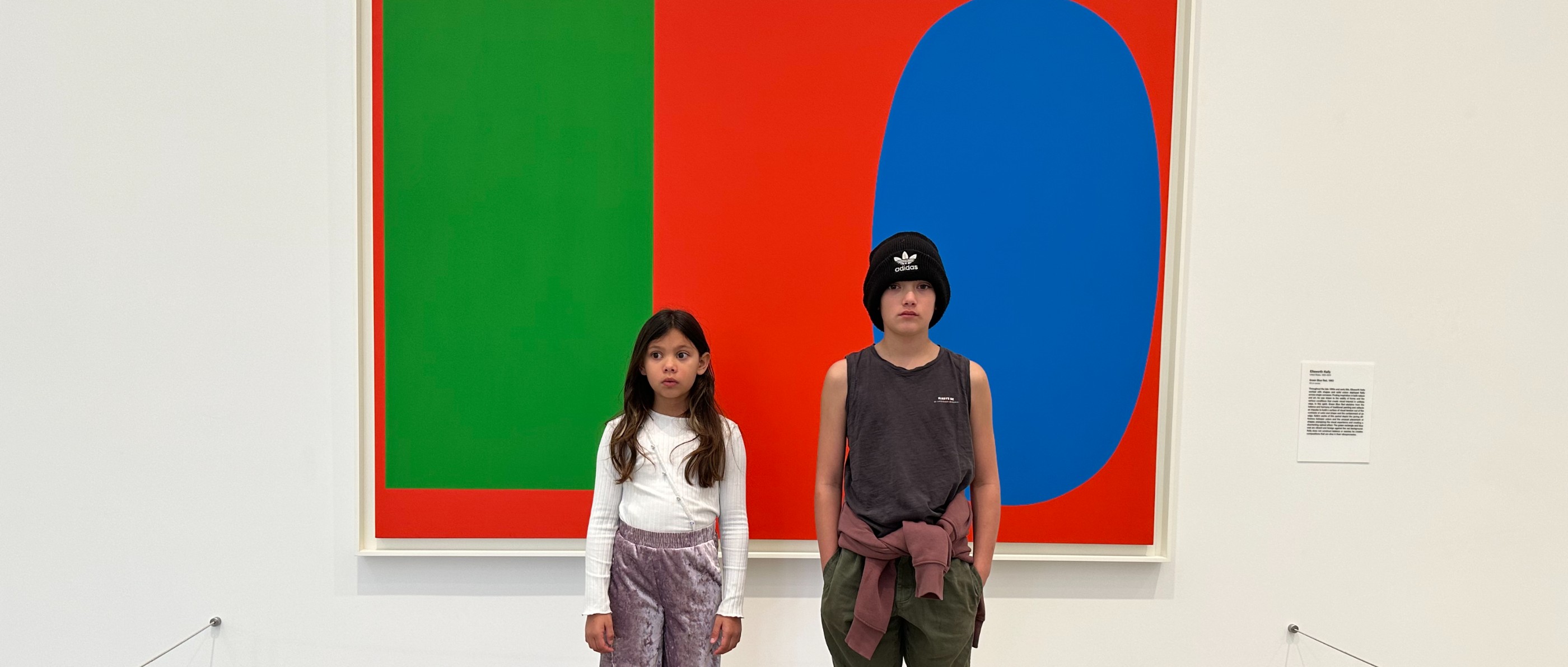 Two children before a red, green, and blue abstract painting