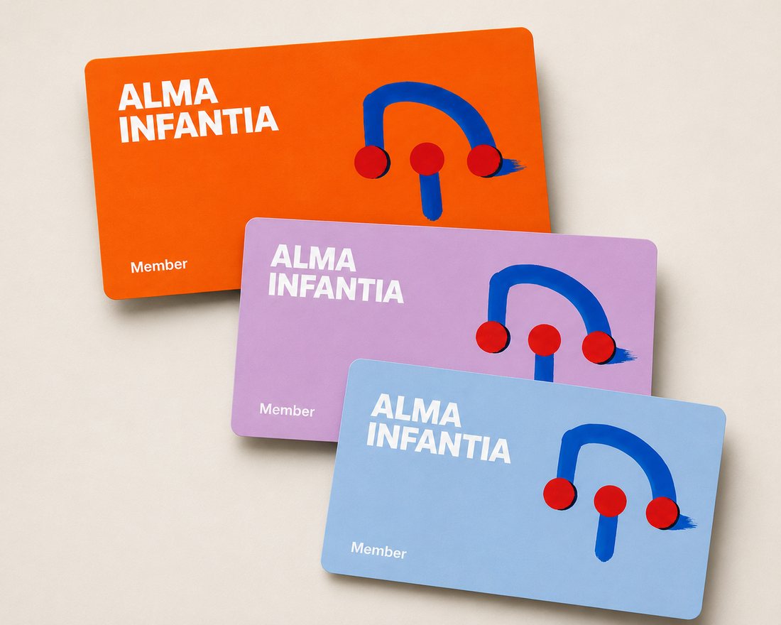 ALMA INFANTIA membership cards in orange, lilac, and powder blue